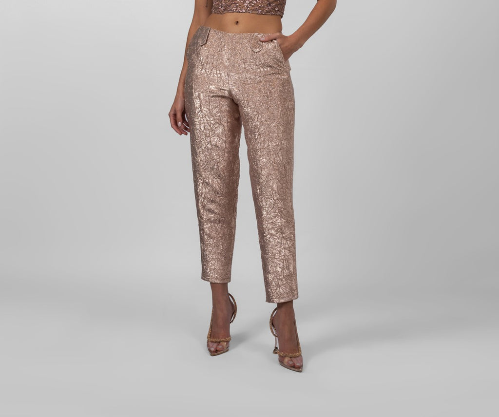 Rose gold crushed brocade trousers