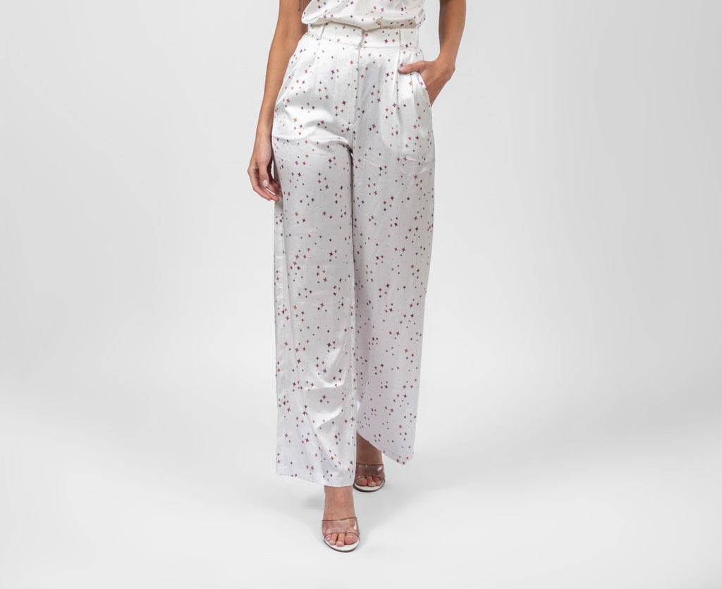 Printed white silk satin trousers