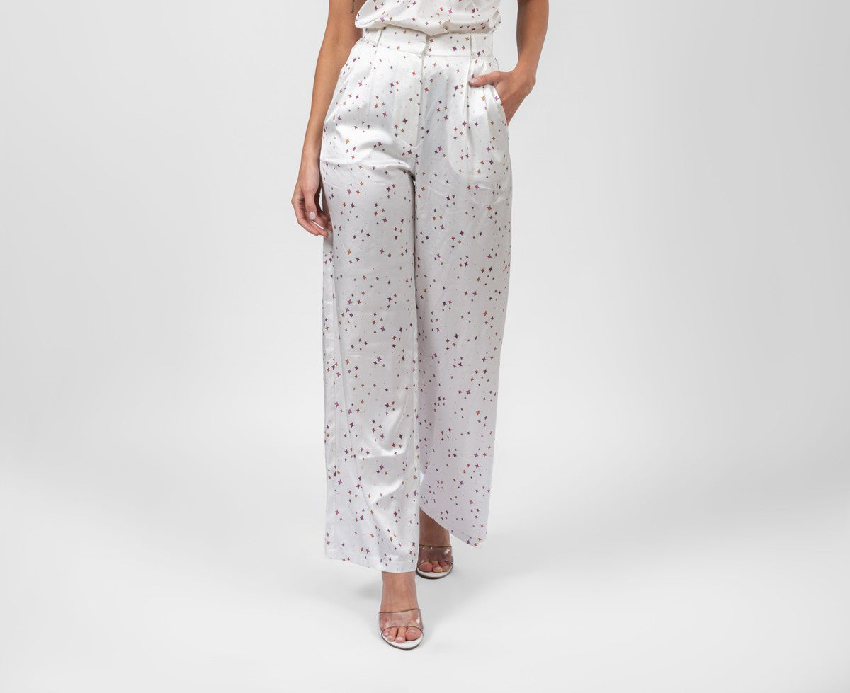 Printed white silk satin trousers