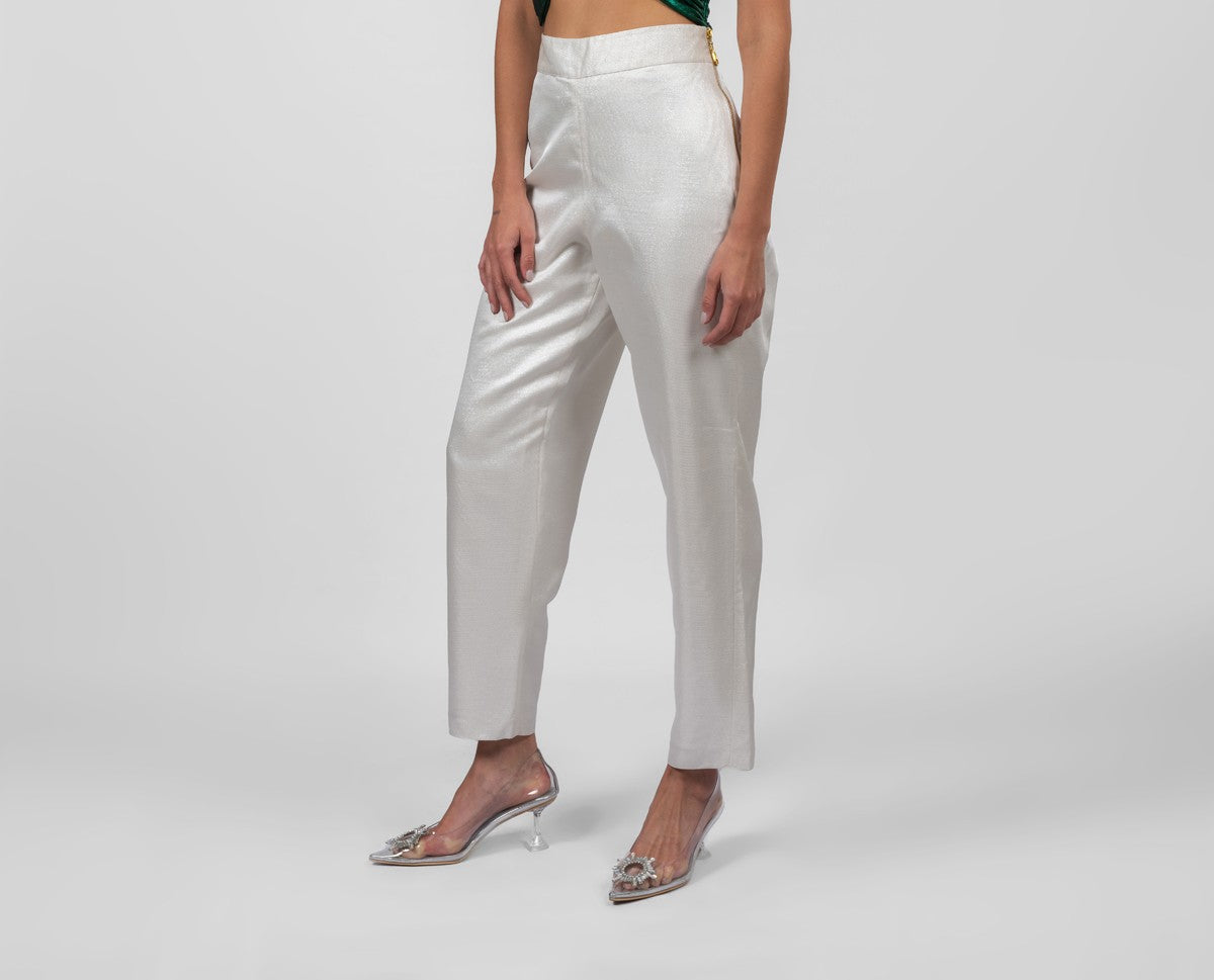 Shimmery white silk brocade trousers