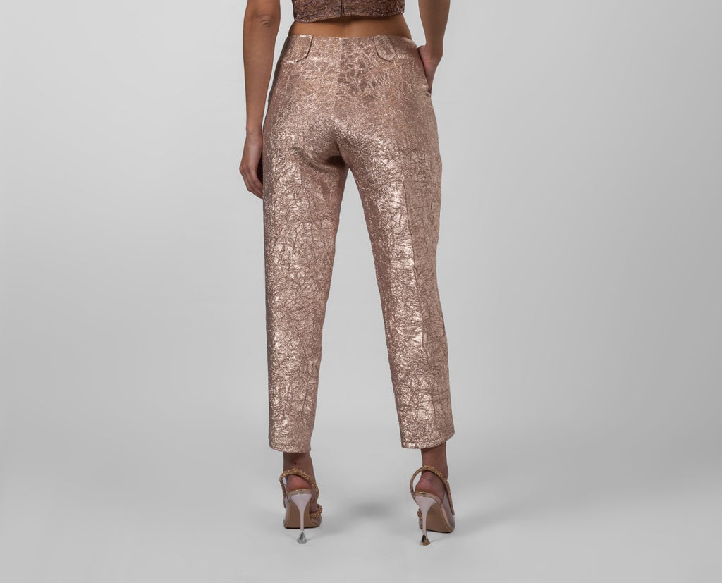Rose gold crushed brocade trousers