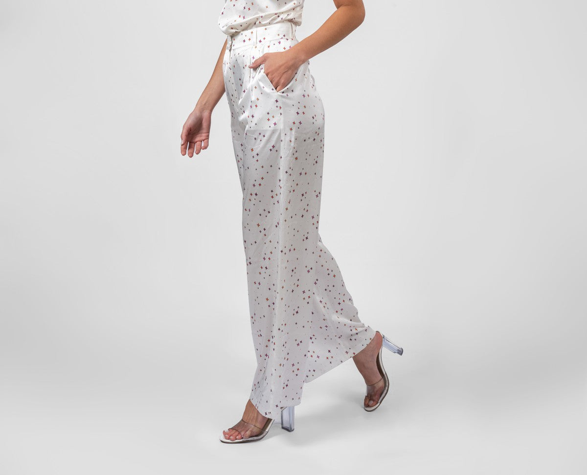 Printed white silk satin trousers