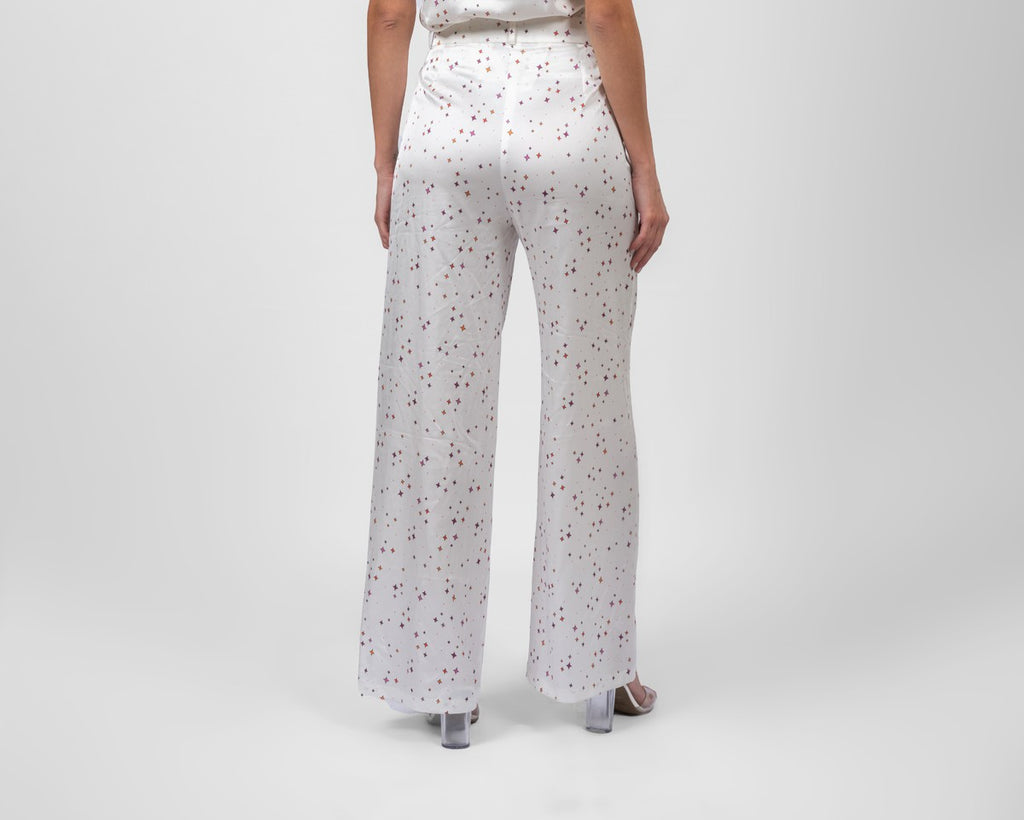 Printed white silk satin trousers