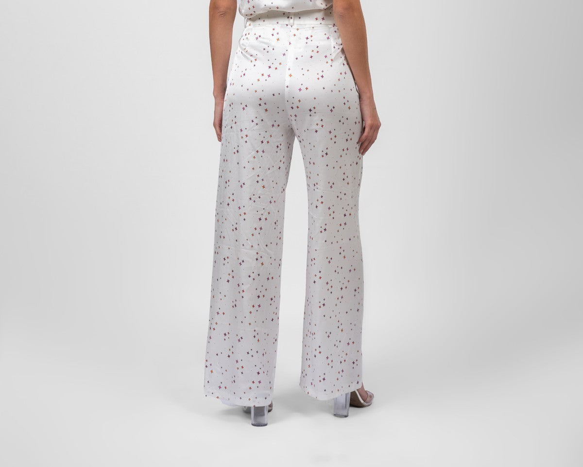 Printed white silk satin trousers