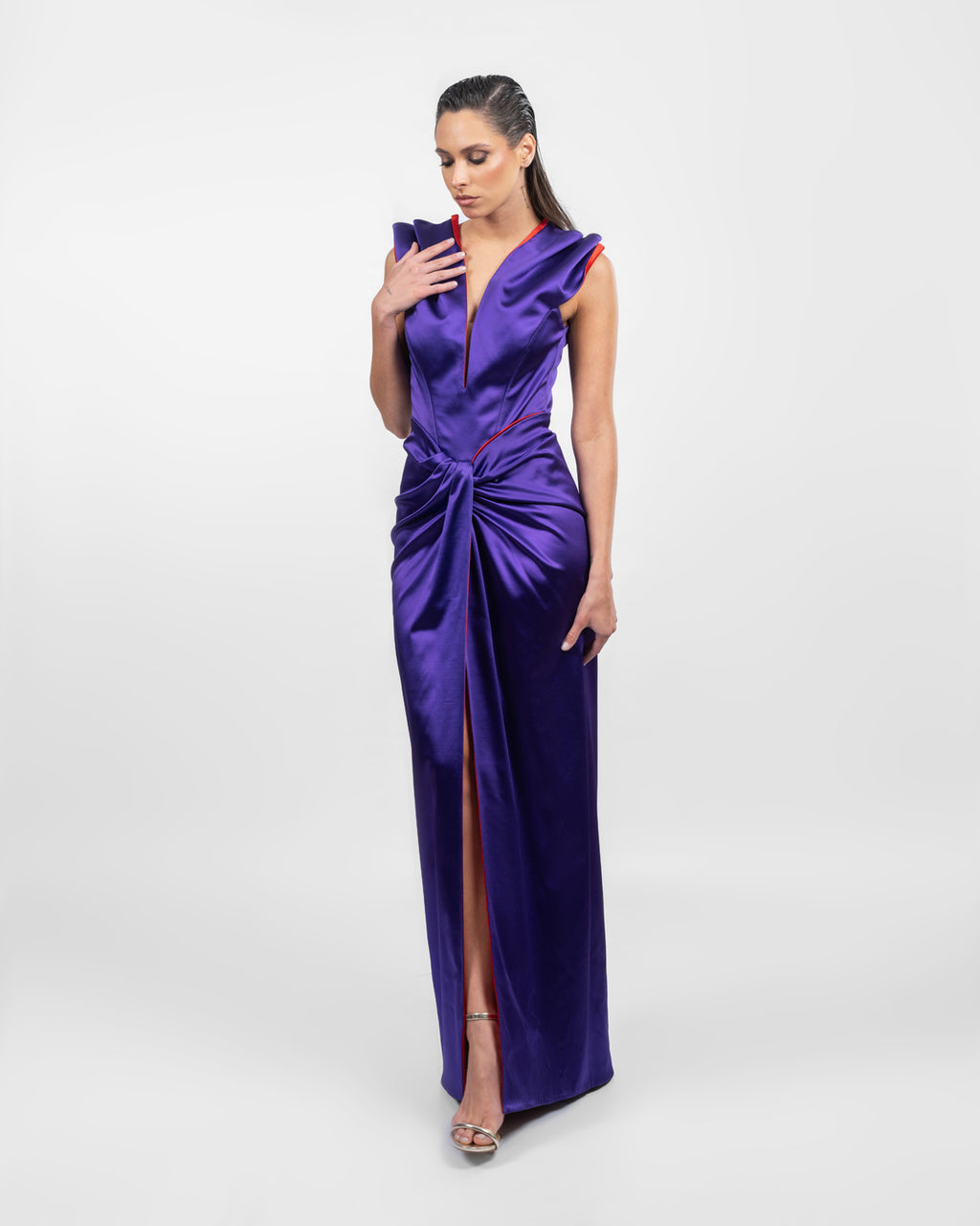 Double Satin Purple & Red Evening Gown
