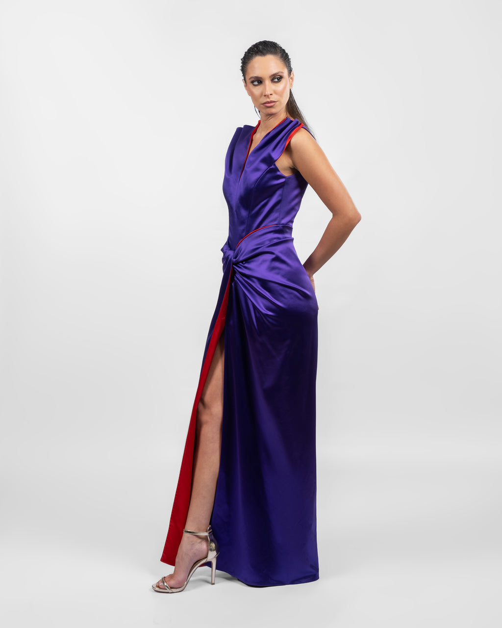 Double Satin Purple & Red Evening Gown