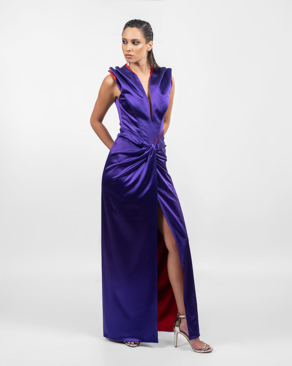 Double Satin Purple & Red Evening Gown