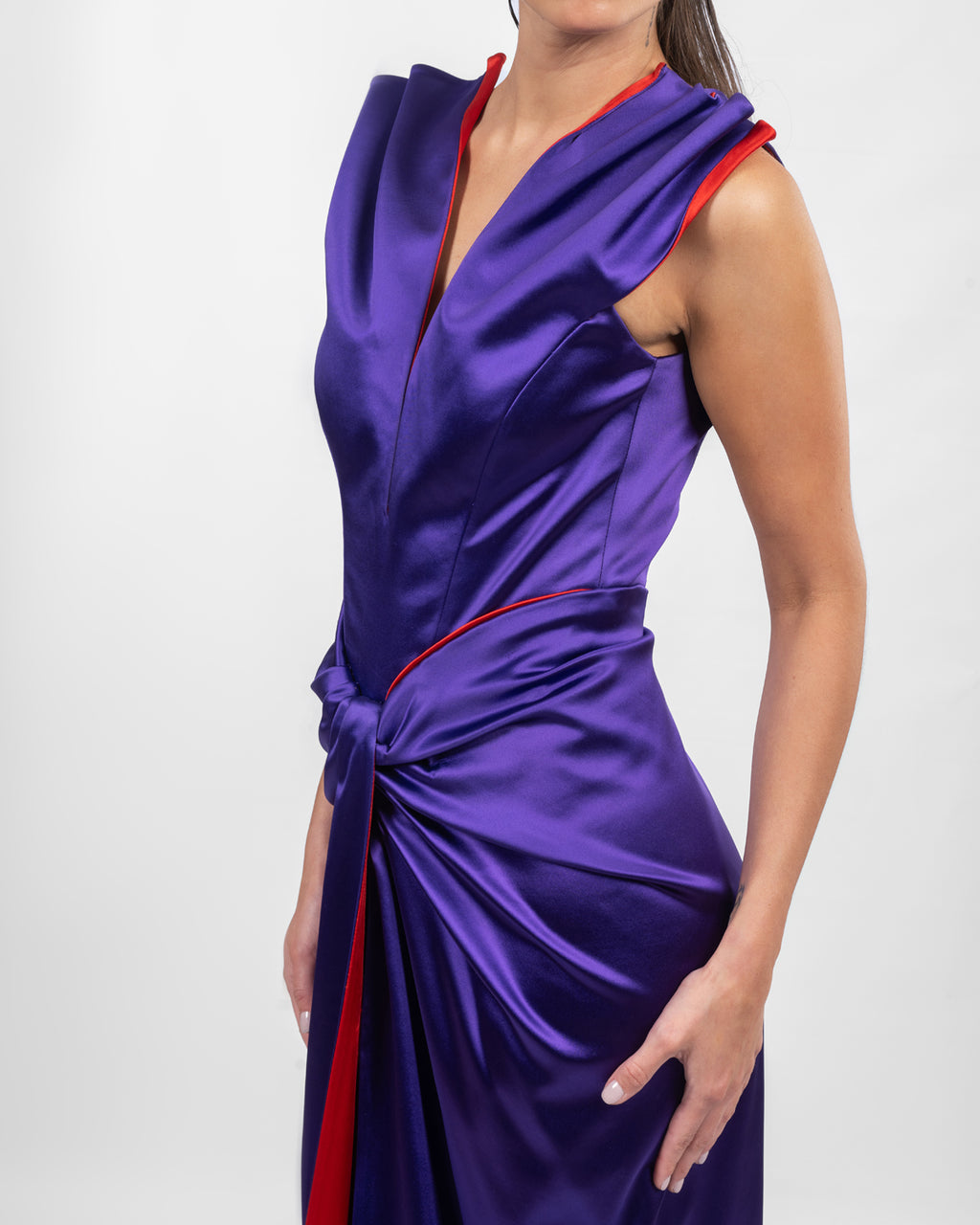 Double Satin Purple & Red Evening Gown