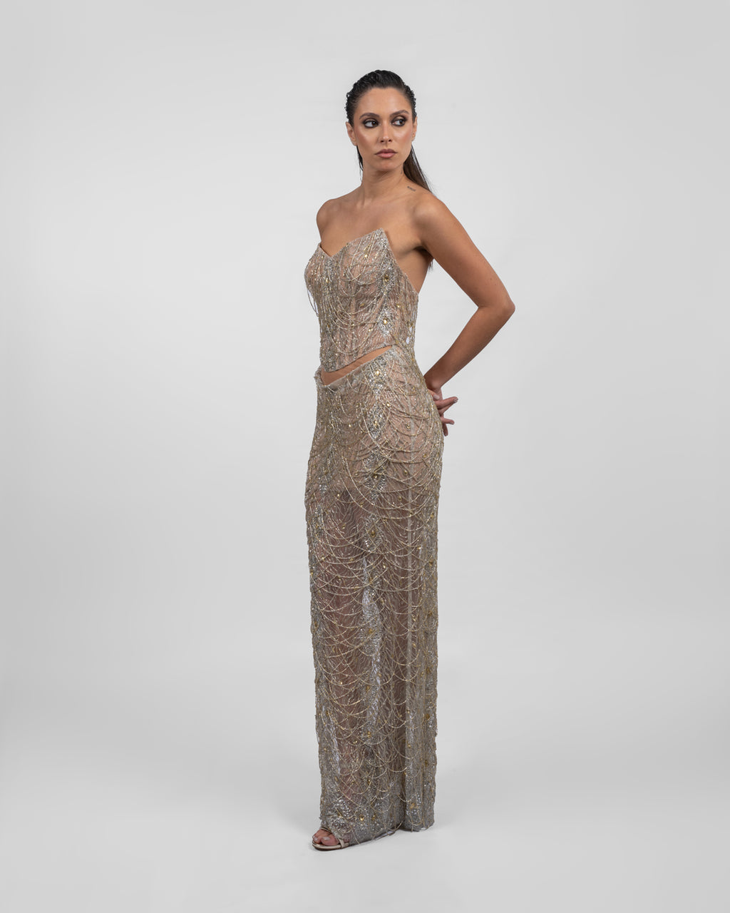 Golden Cascade Two-Piece Evening Gown