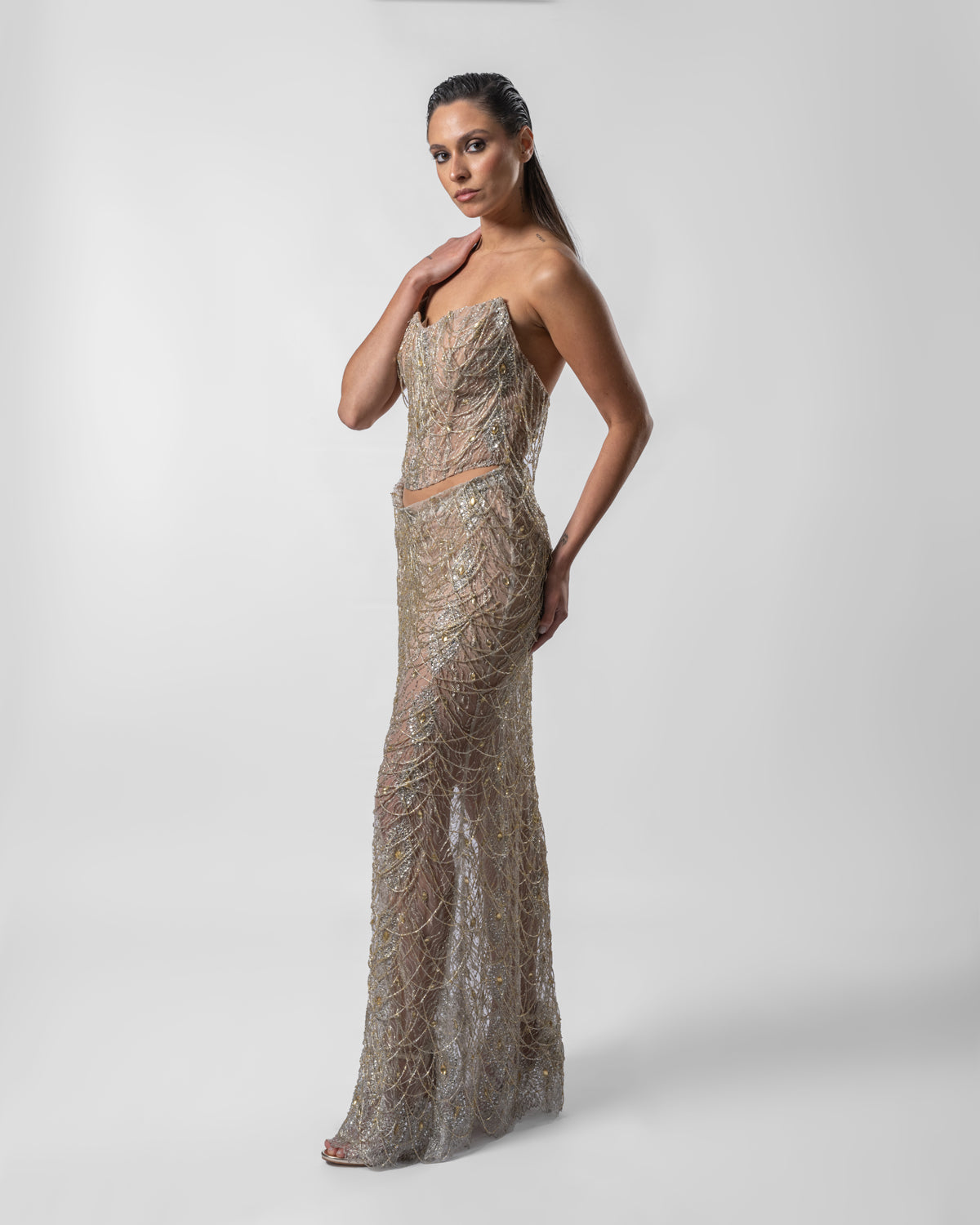 Golden Cascade Two-Piece Evening Gown