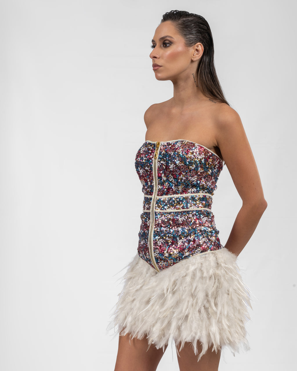Luxurious Multi-colored Feathered Dress