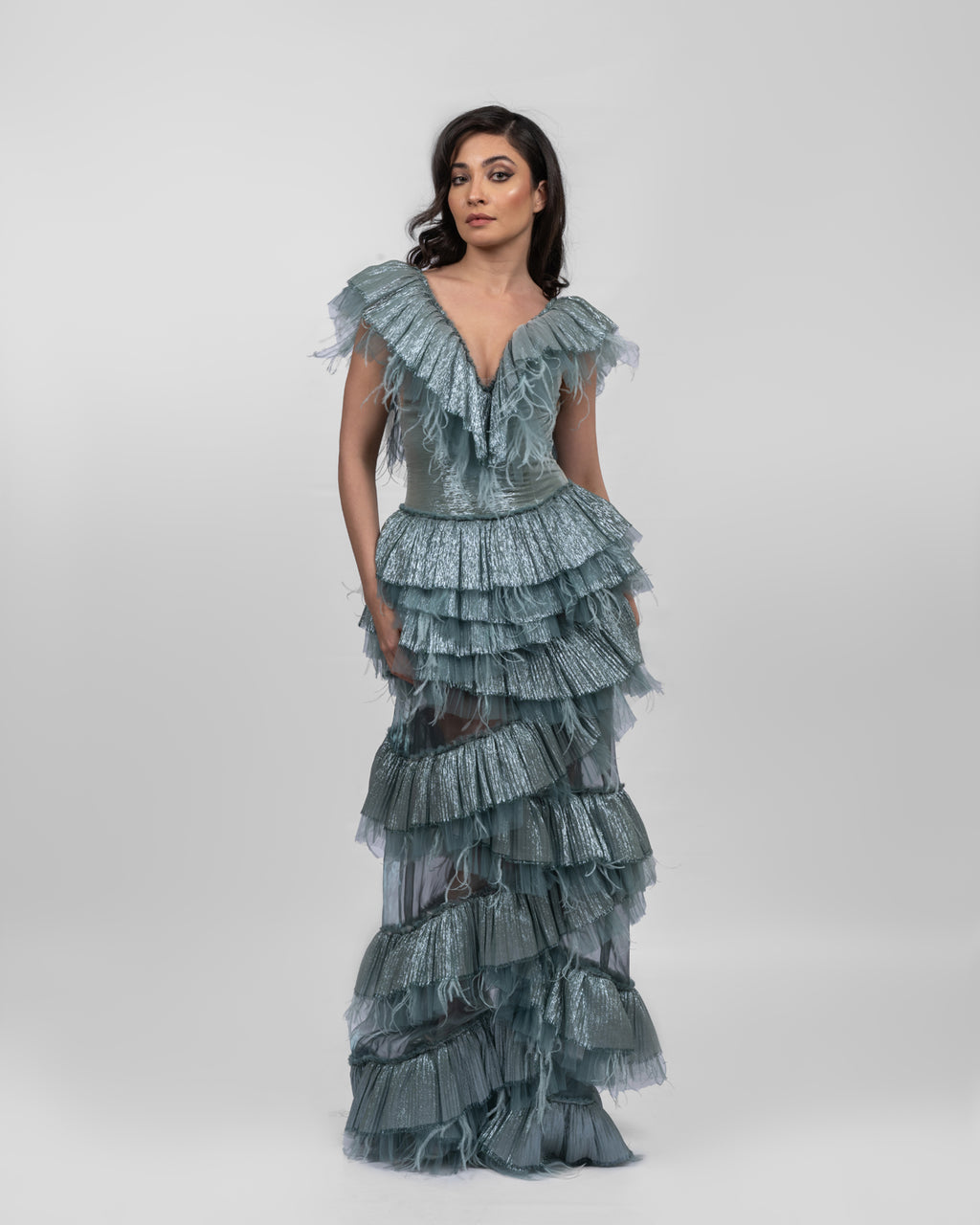 Luxurious Ruffled Ocean Blue Dress