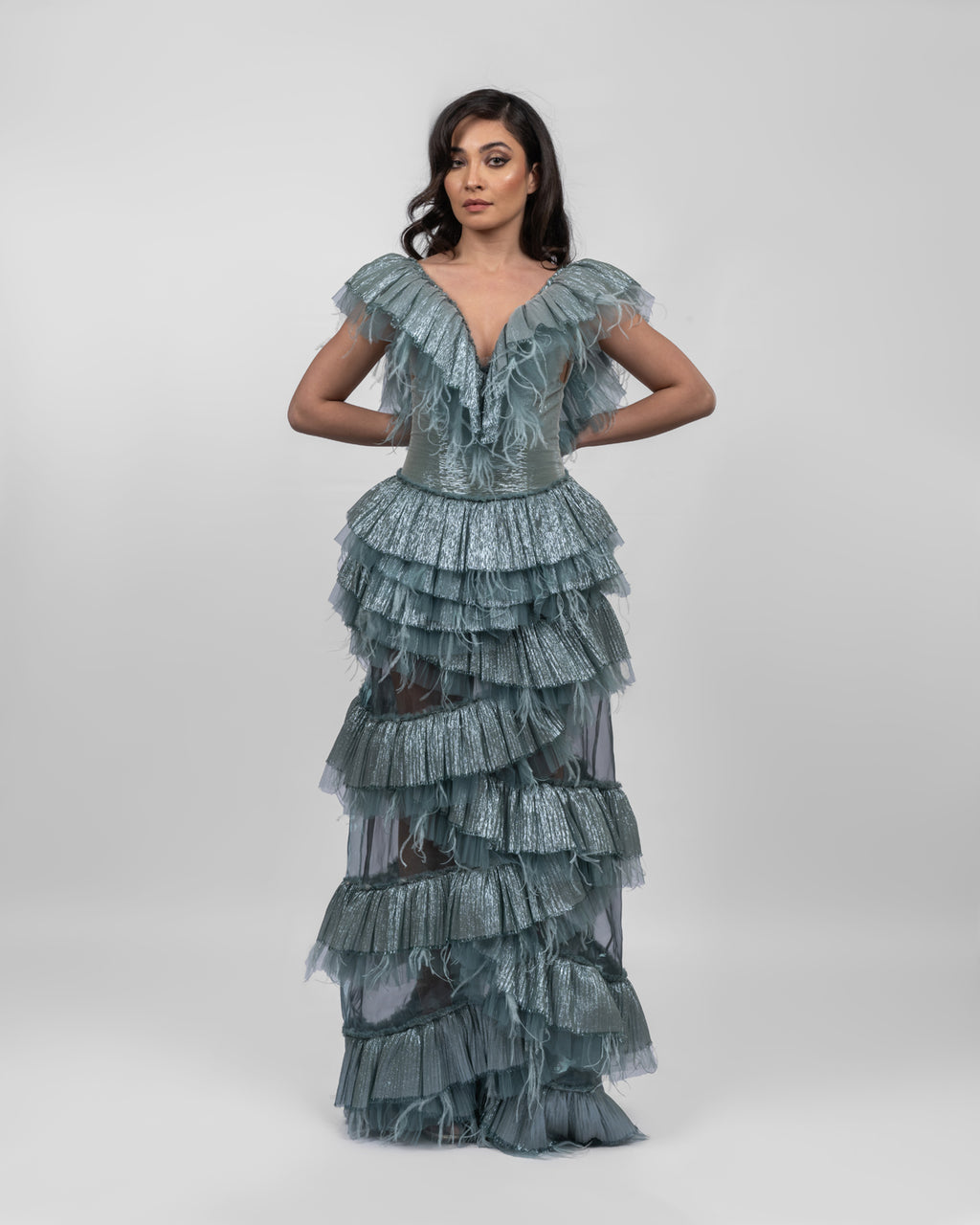 Luxurious Ruffled Ocean Blue Dress