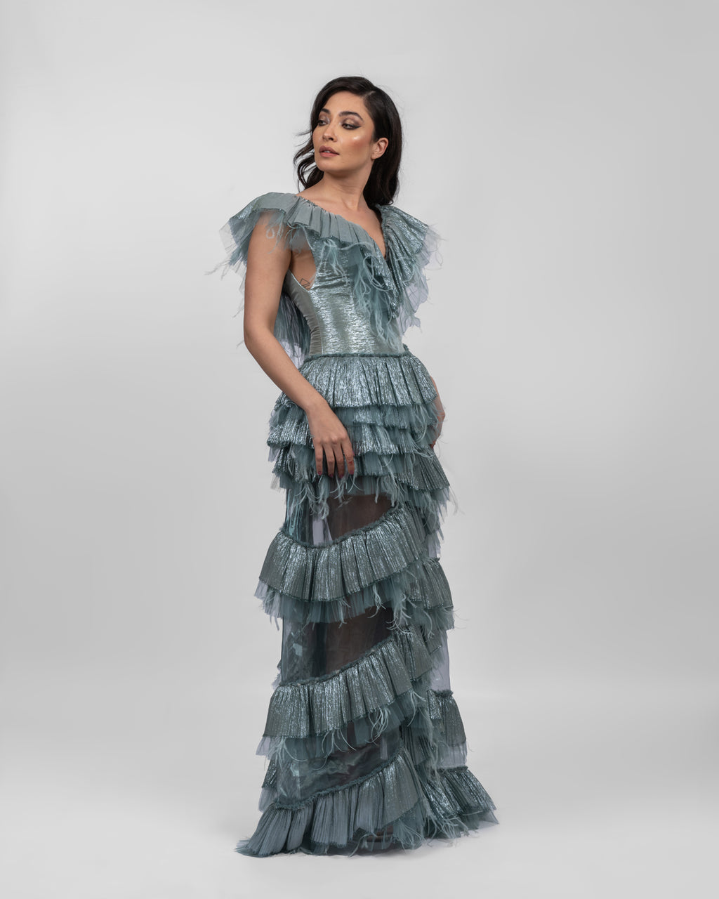 Luxurious Ruffled Ocean Blue Dress