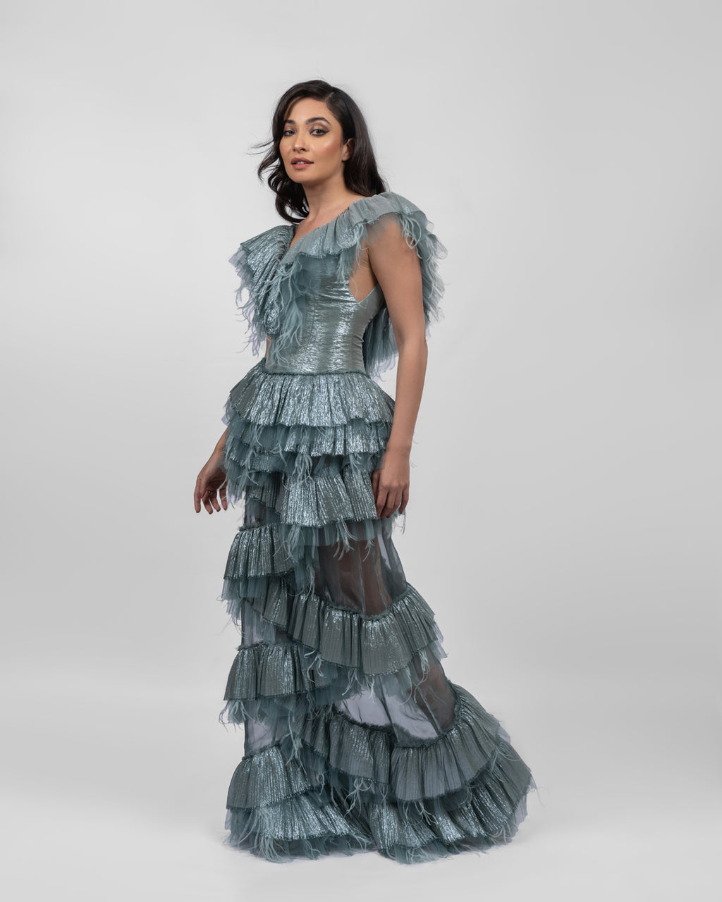 Luxurious Ruffled Ocean Blue Dress