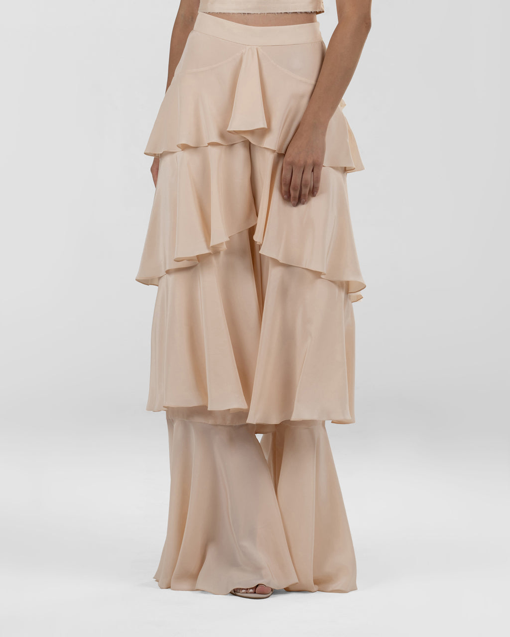Chic Peach Ruffled Wide-Leg Silk Pants