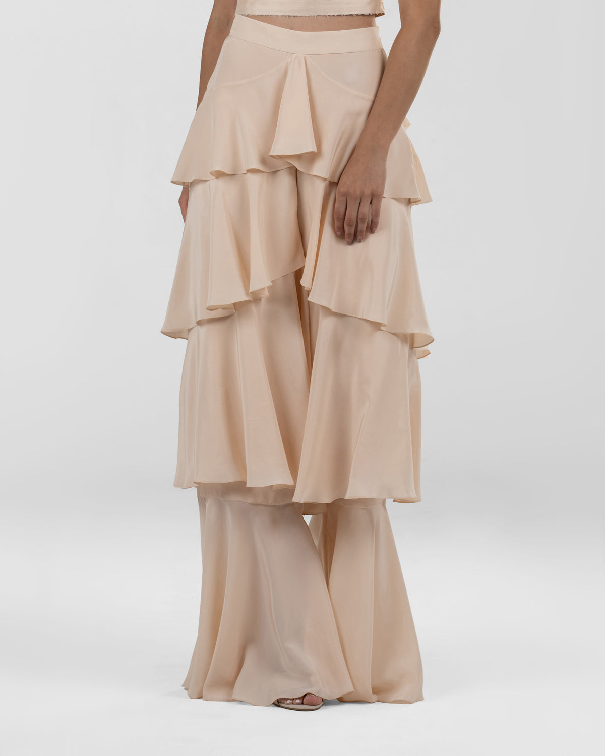 Chic Peach Ruffled Wide-Leg Silk Pants