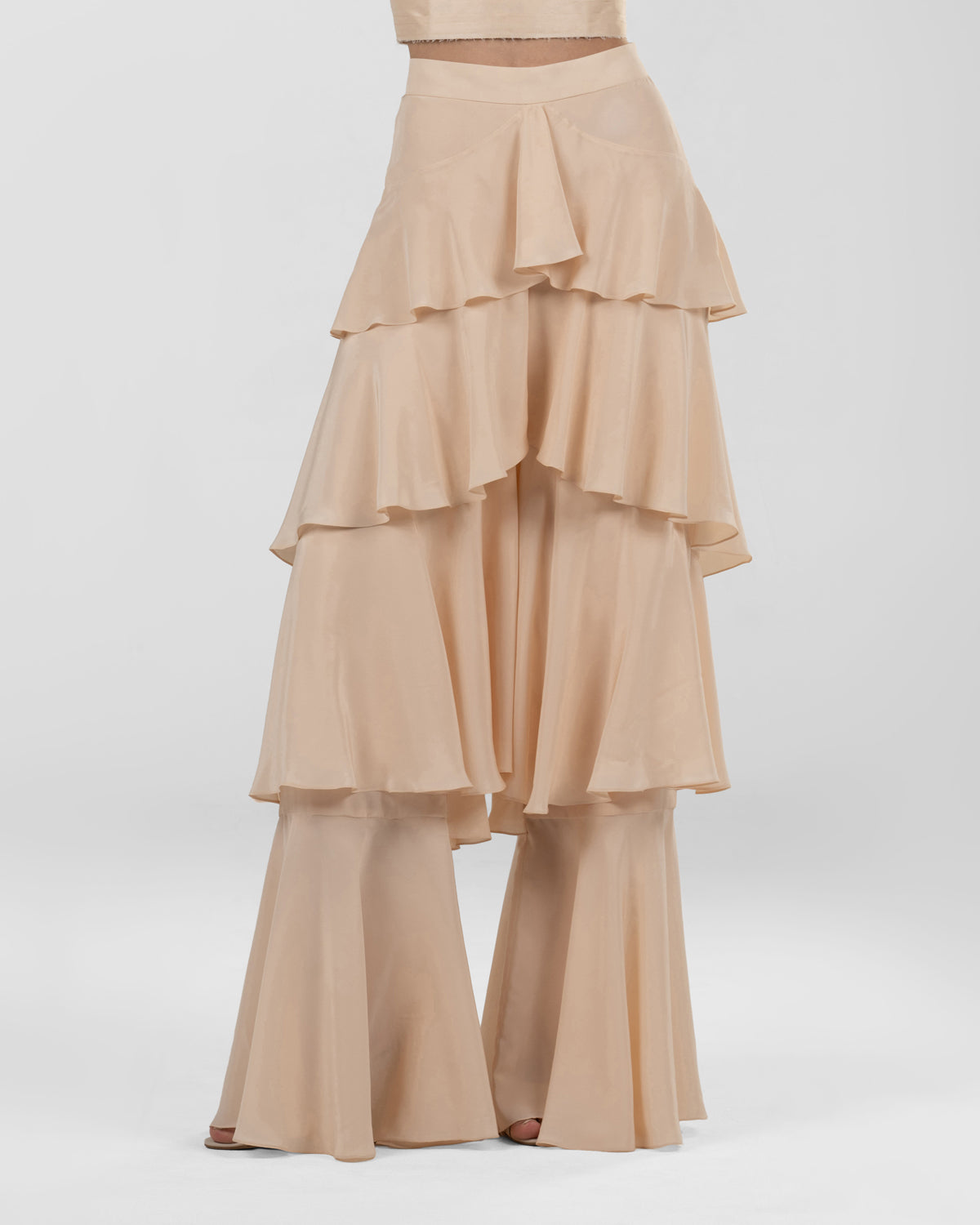 Chic Peach Ruffled Wide-Leg Silk Pants