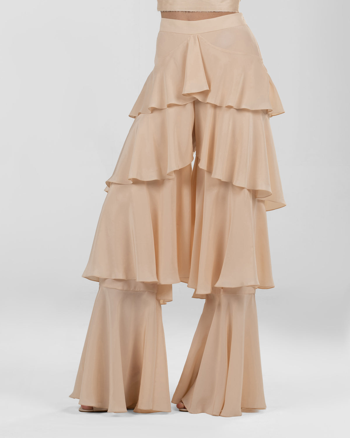 Chic Peach Ruffled Wide-Leg Silk Pants