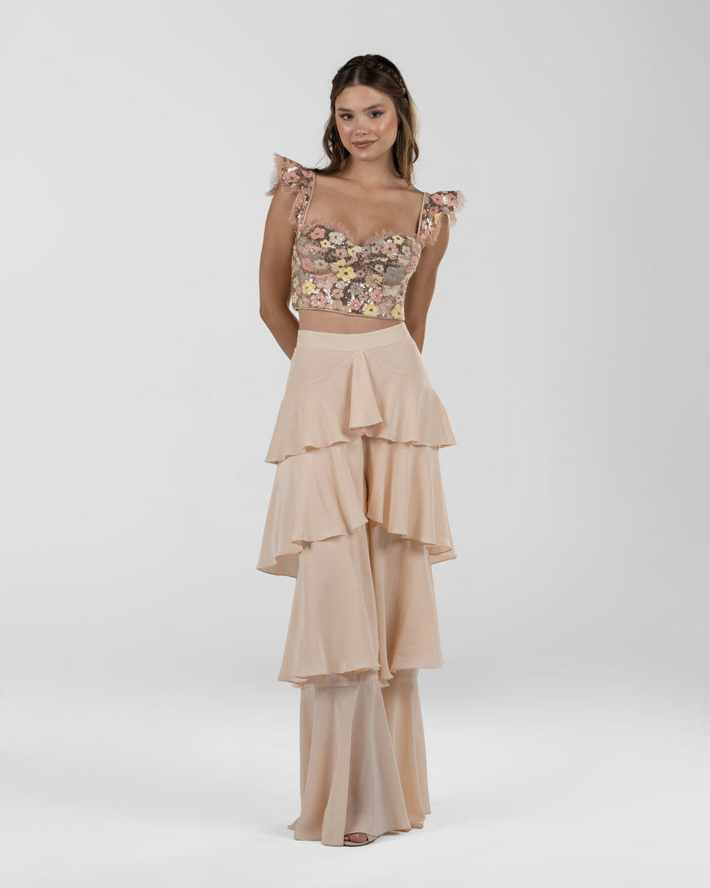 Chic Peach Ruffled Wide-Leg Silk Pants