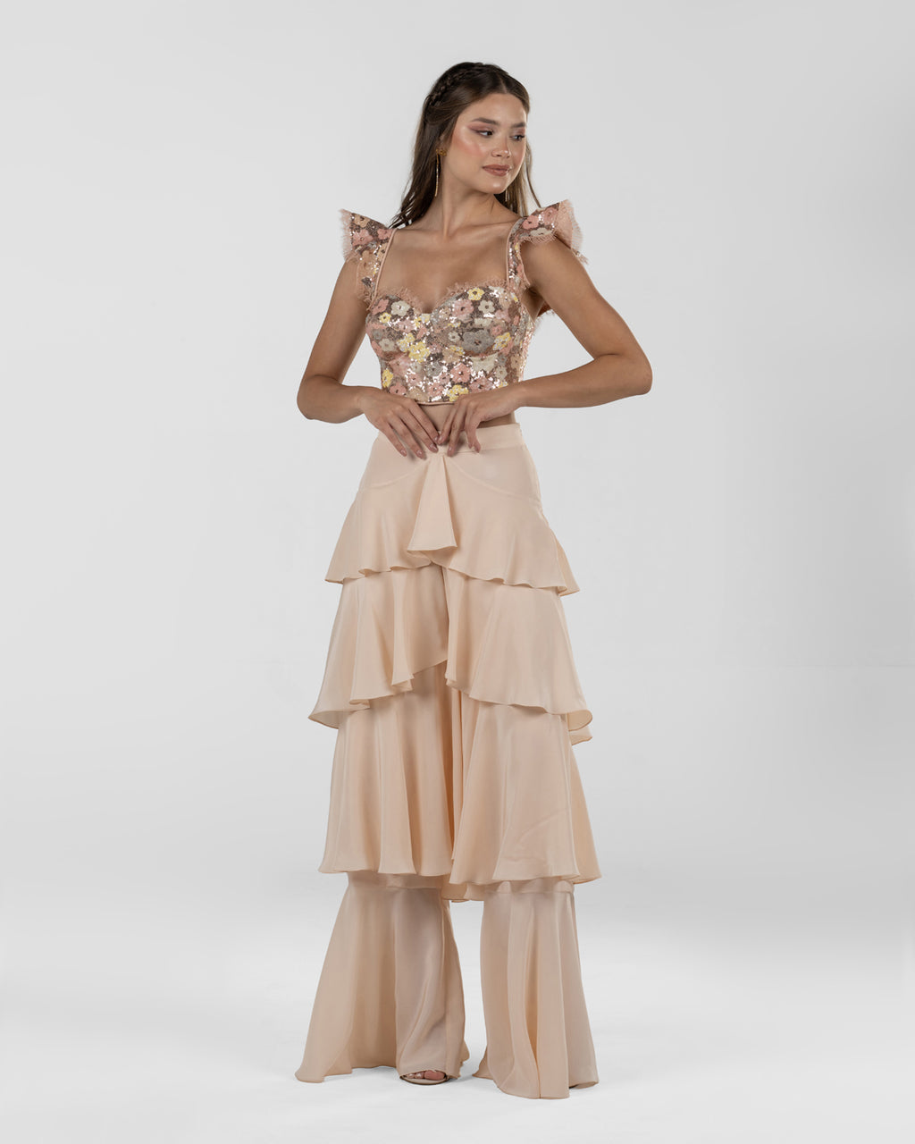 Chic Peach Ruffled Wide-Leg Silk Pants