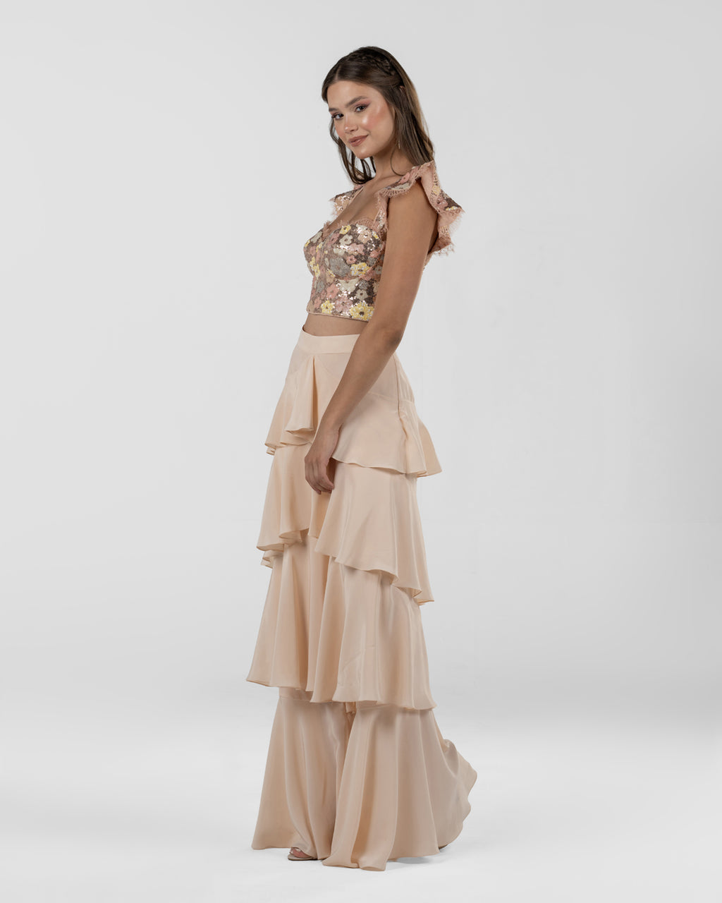 Chic Peach Ruffled Wide-Leg Silk Pants