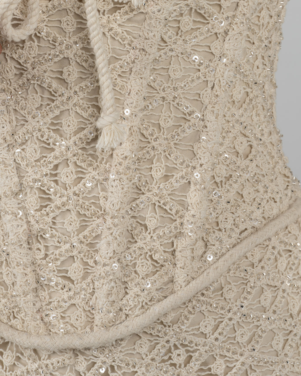 Ivory Beaded Lace Corset Romper with Rope Lace-Up Detail