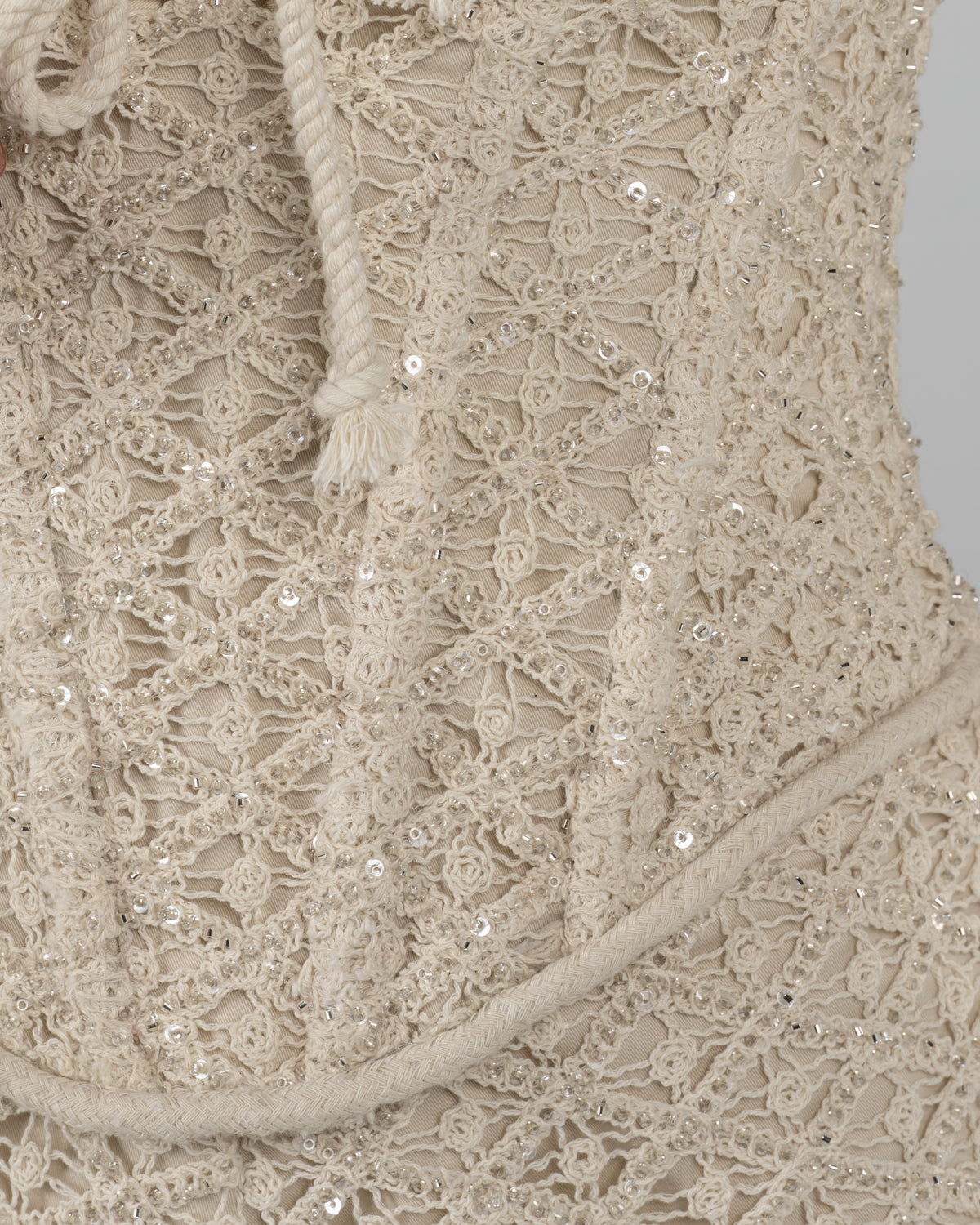 Ivory Beaded Lace Corset Romper with Rope Lace-Up Detail