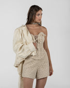 Ivory Beaded Lace Corset Romper with Rope Lace-Up Detail