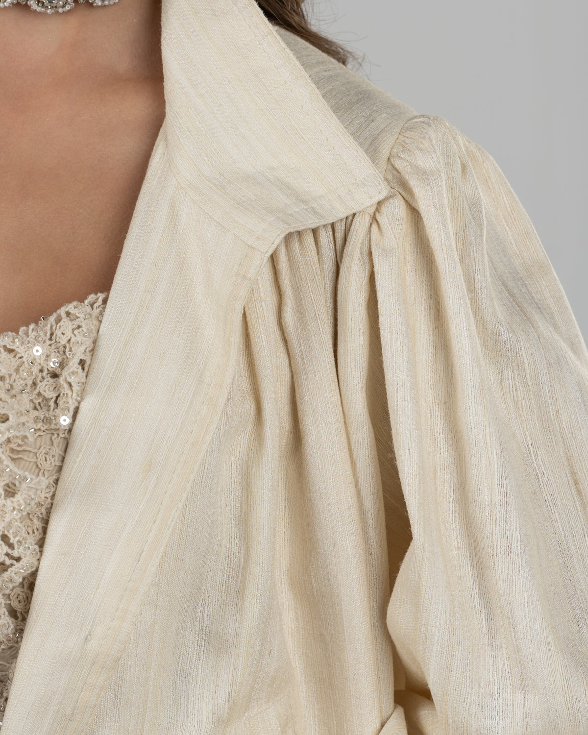 Refined Off-White Silk Jacquard Turtleneck Top