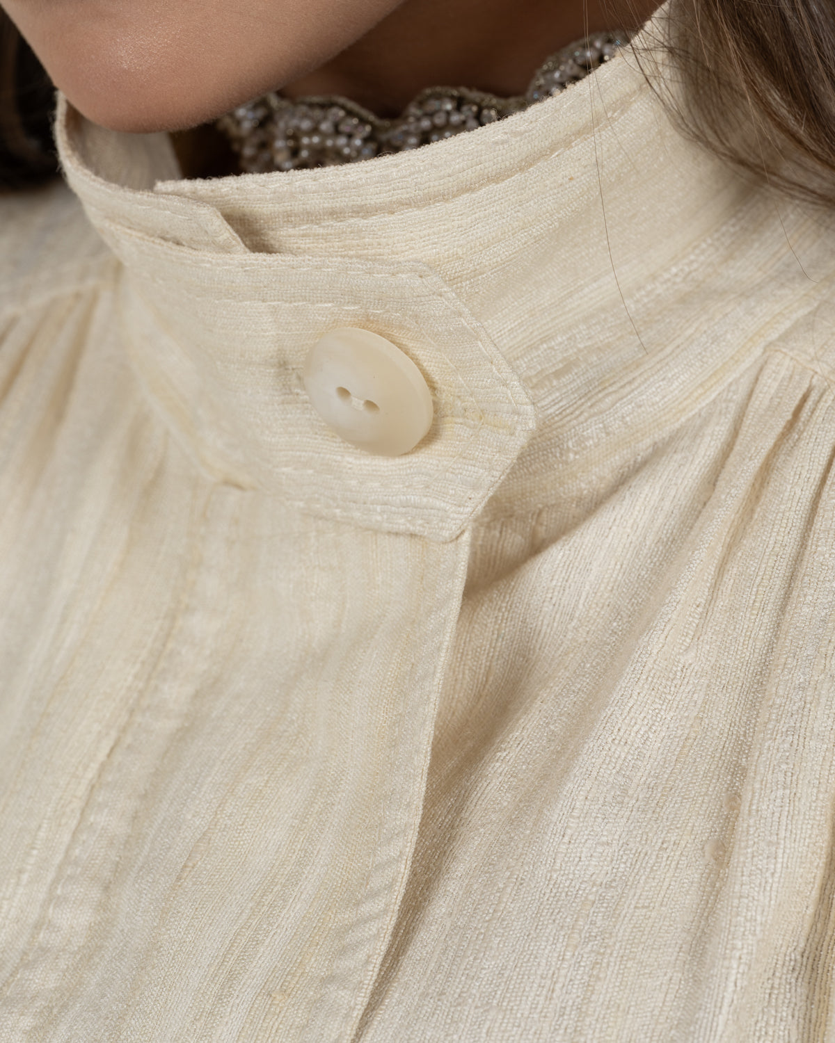 Refined Off-White Silk Jacquard Turtleneck Top