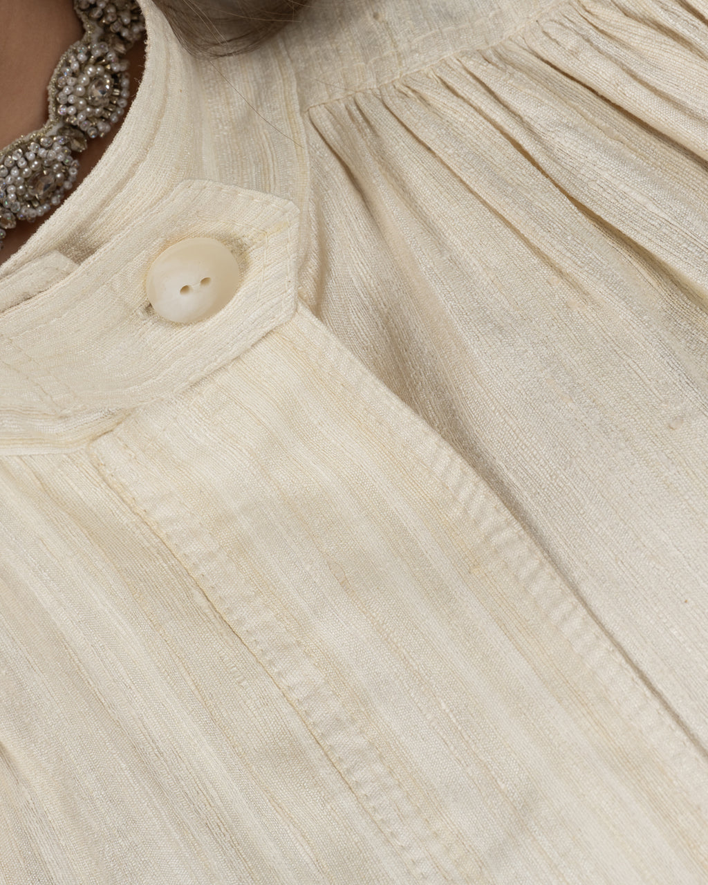 Refined Off-White Silk Jacquard Turtleneck Top