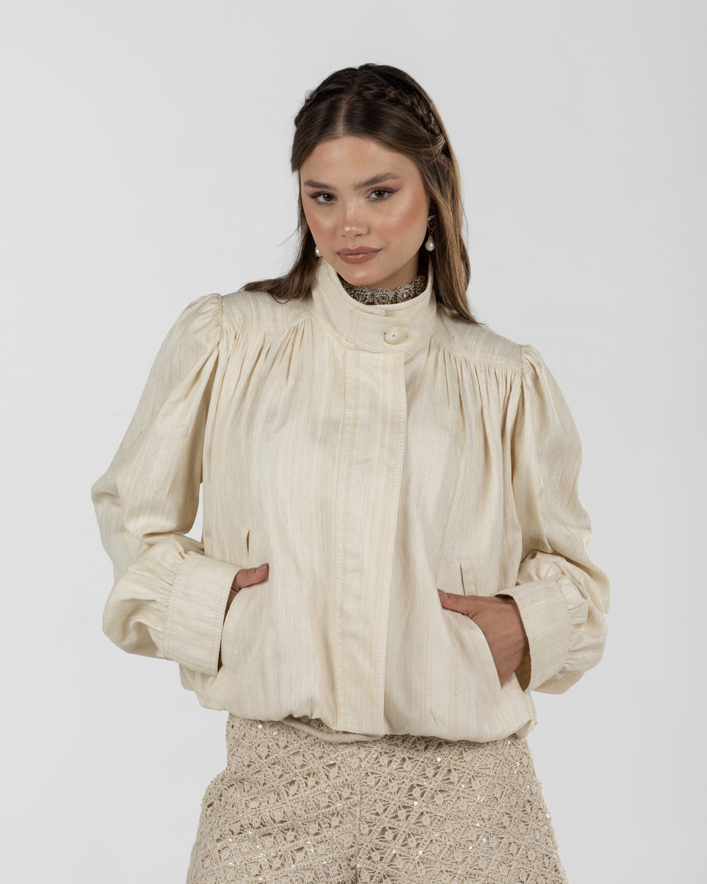 Refined Off-White Silk Jacquard Turtleneck Top