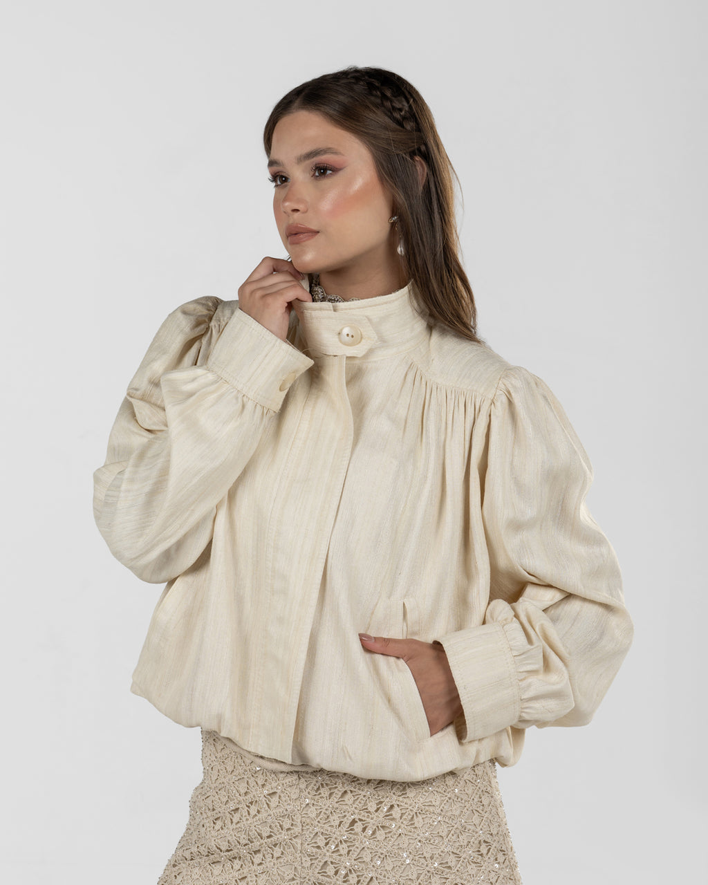 Refined Off-White Silk Jacquard Turtleneck Top