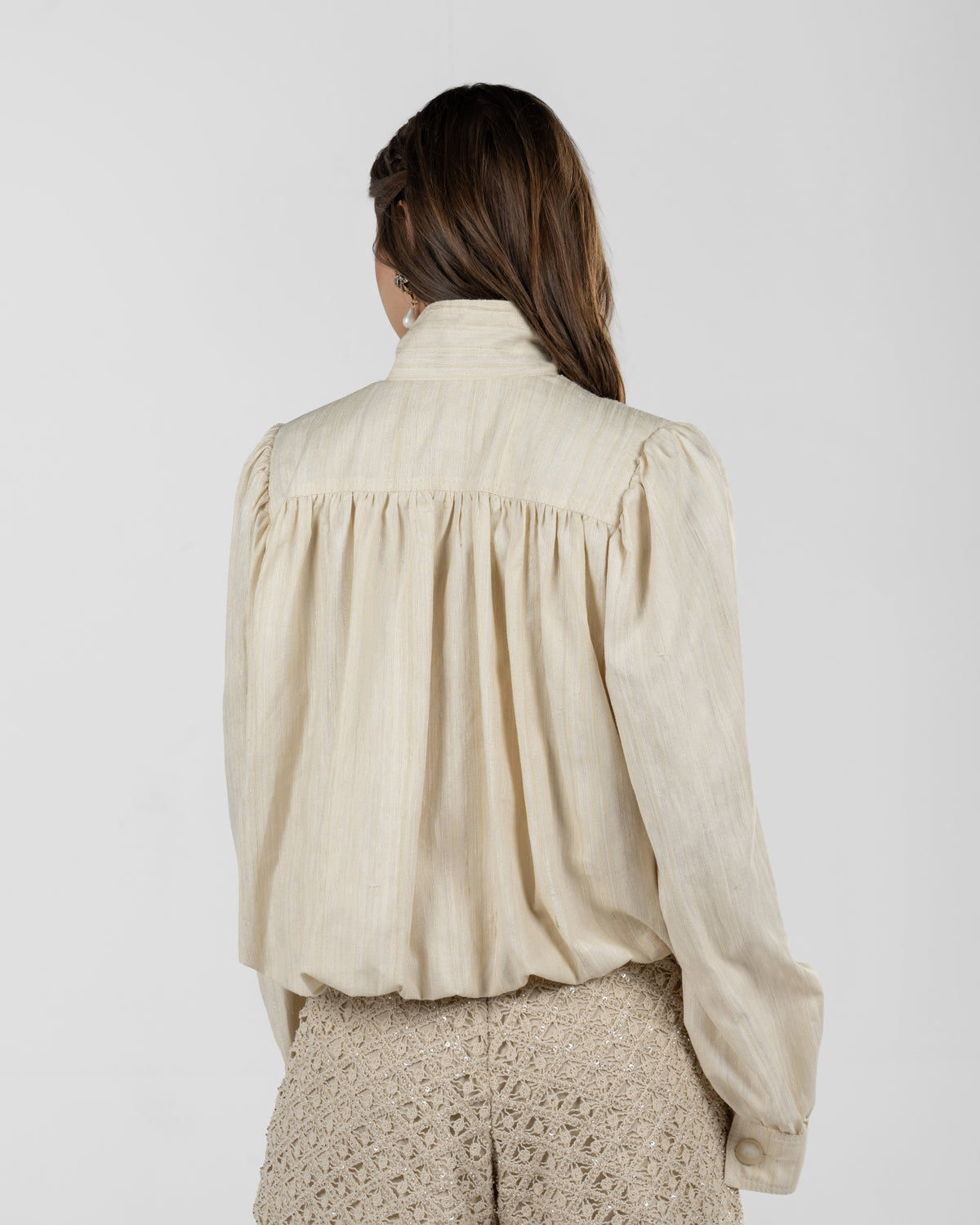 Refined Off-White Silk Jacquard Turtleneck Top