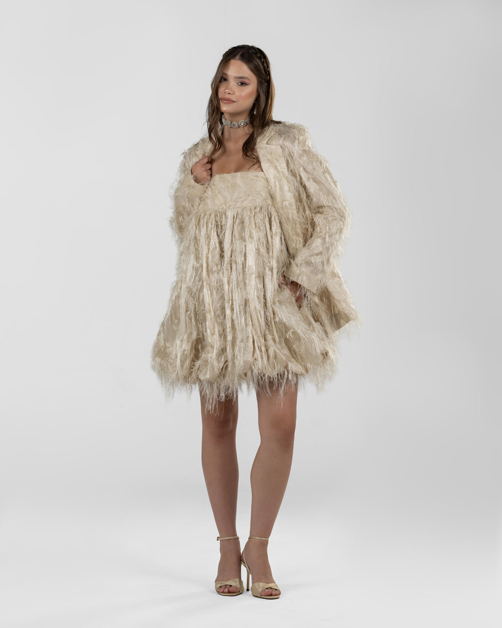 Playful Beige Balloon Silk Dress