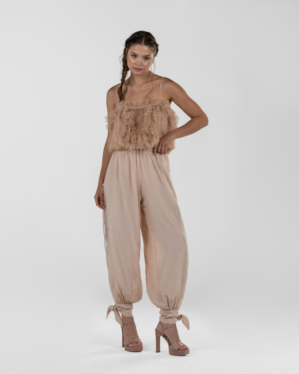 Playful Soft Pink Ruffled Strap Top