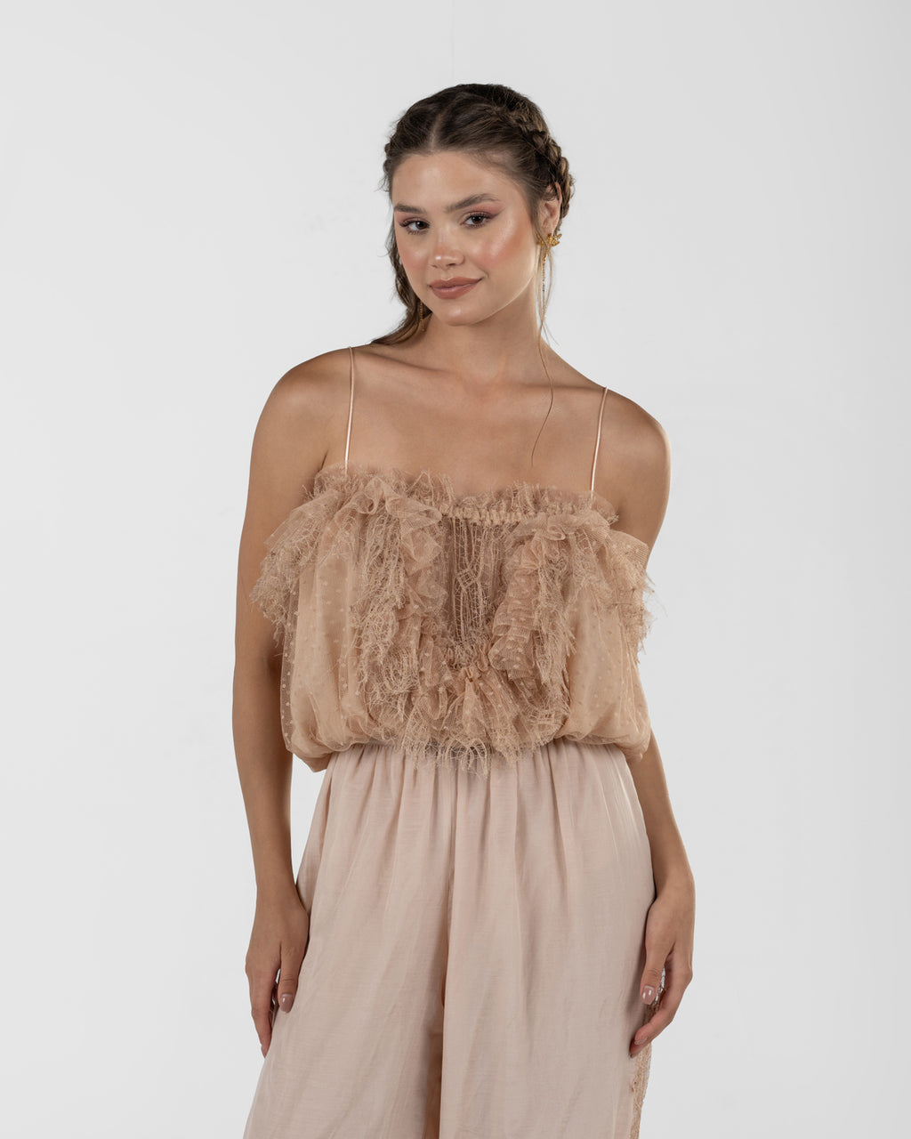 Playful Soft Pink Ruffled Strap Top
