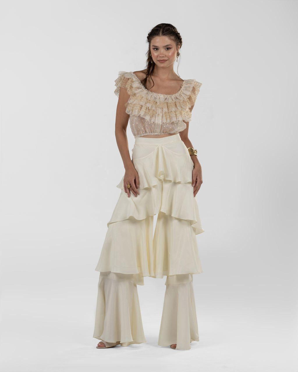 Chic Off-White Silk Ruffled Wide-Leg Pants