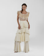 Chic Off-White Silk Ruffled Wide-Leg Pants