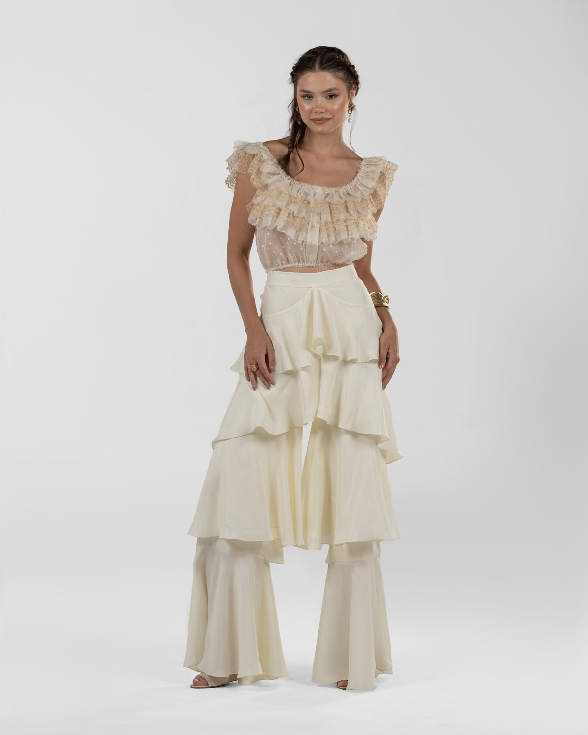 Chic Off-White Silk Ruffled Wide-Leg Pants