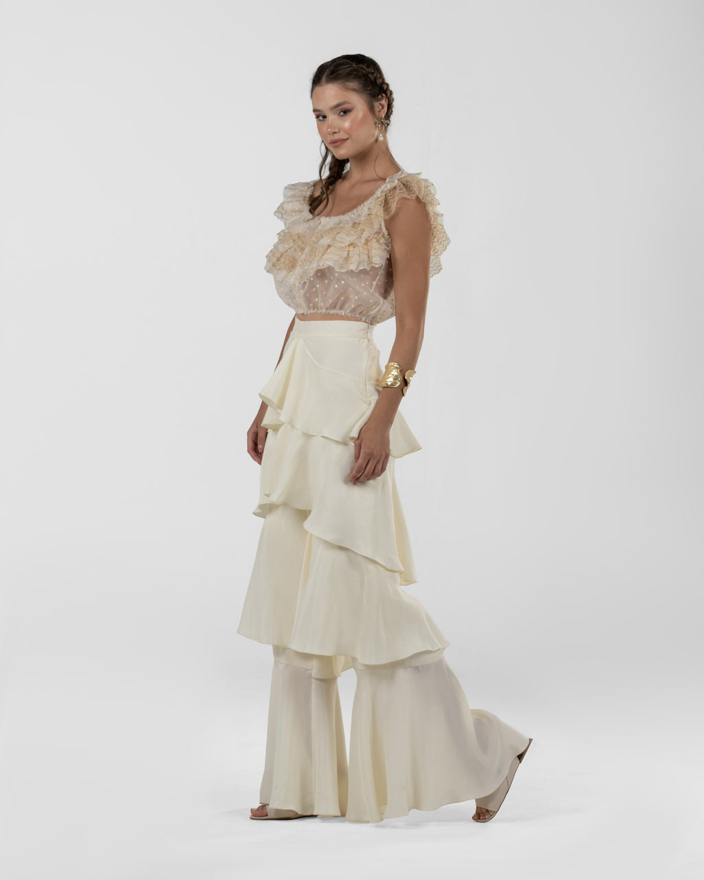 Chic Off-White Silk Ruffled Wide-Leg Pants