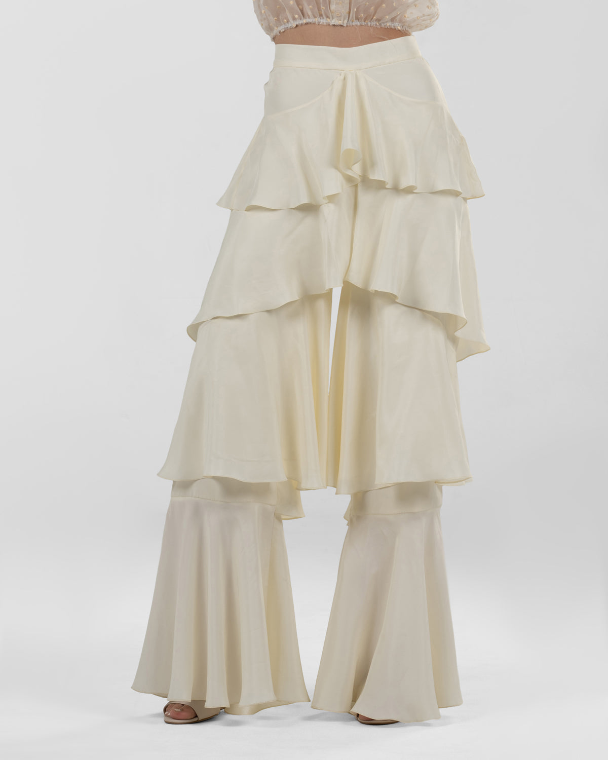 Chic Off-White Silk Ruffled Wide-Leg Pants