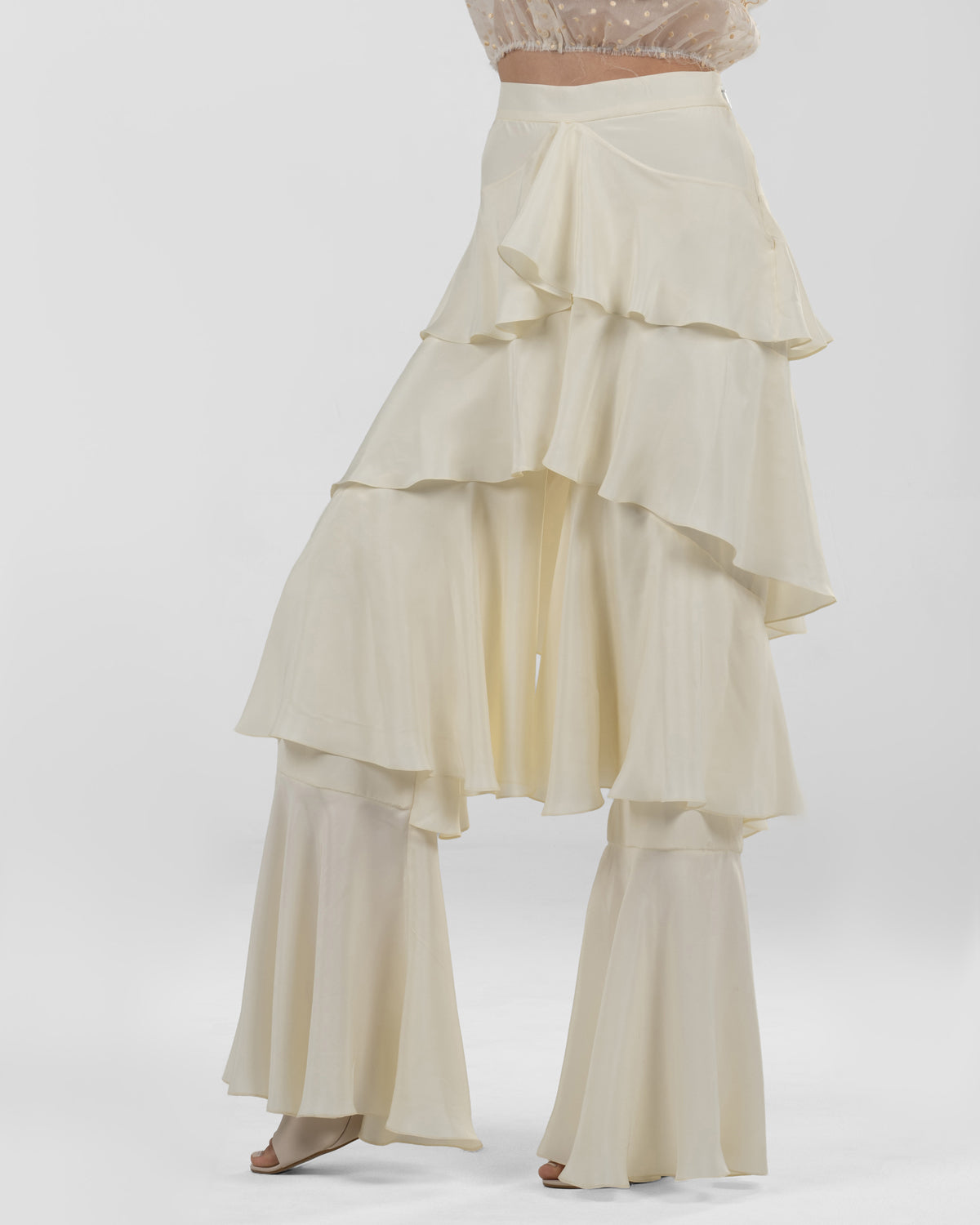 Chic Off-White Silk Ruffled Wide-Leg Pants