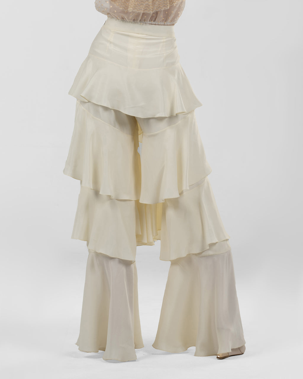 Chic Off-White Silk Ruffled Wide-Leg Pants