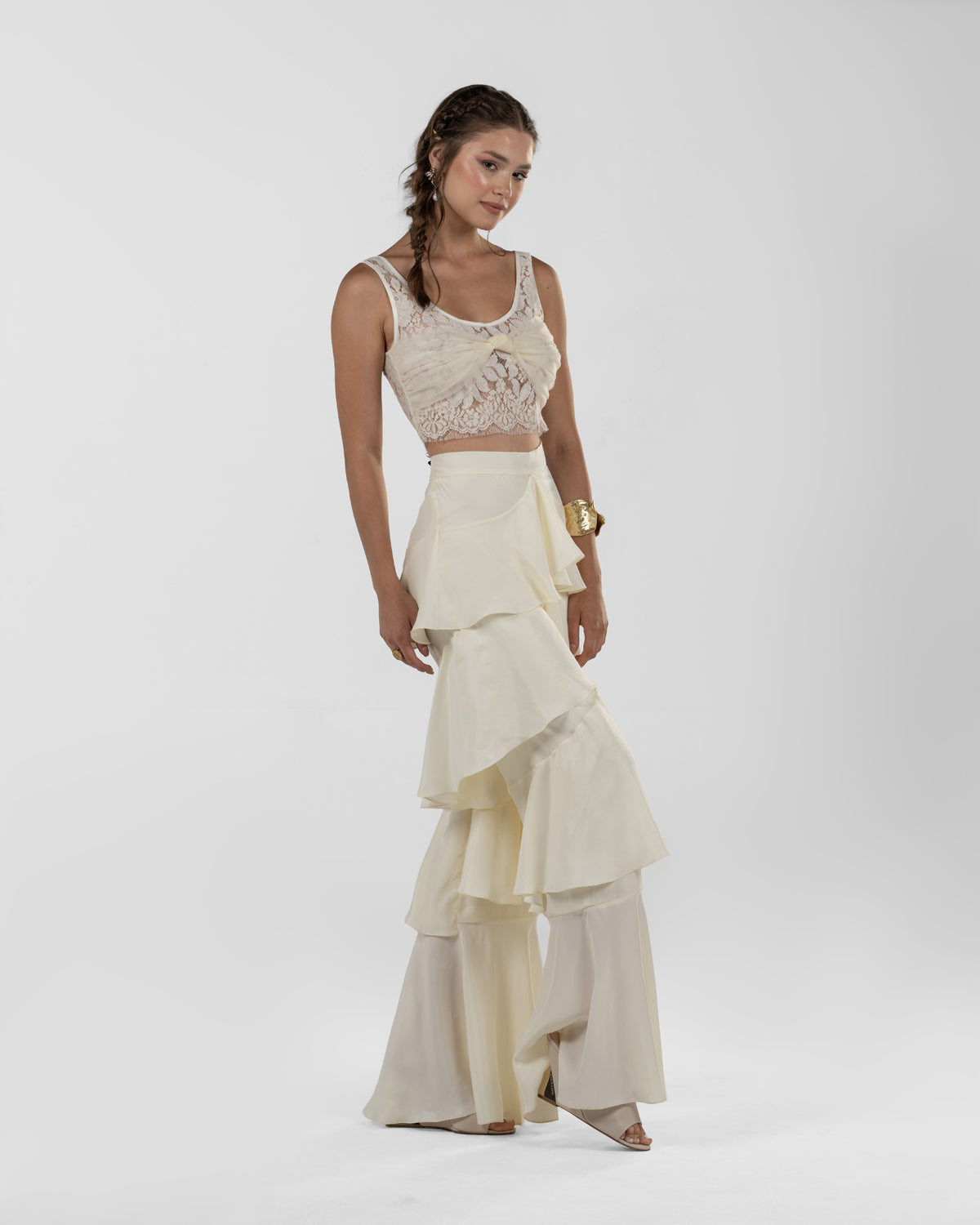 Chic Off-White Silk Ruffled Wide-Leg Pants