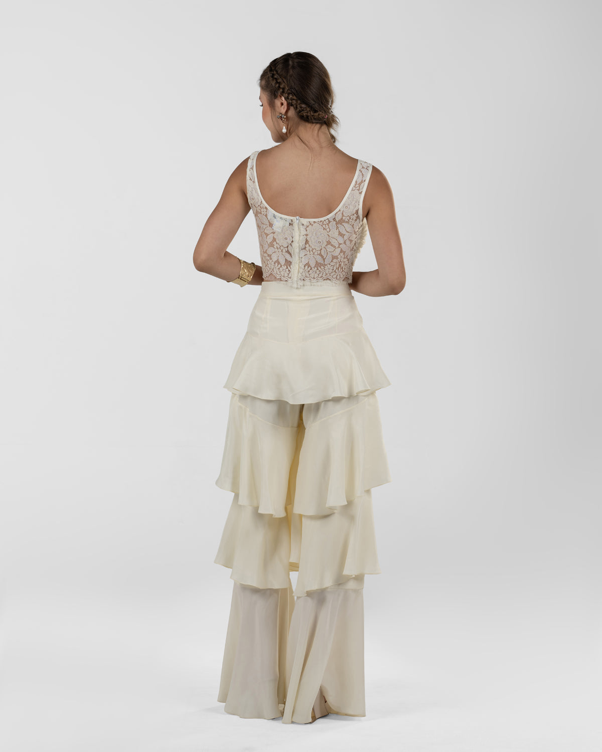 Chic Off-White Silk Ruffled Wide-Leg Pants