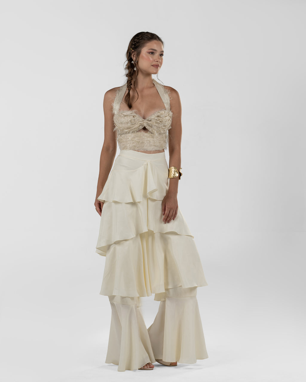Chic Beige Silk Duchesse Top with Feathers
