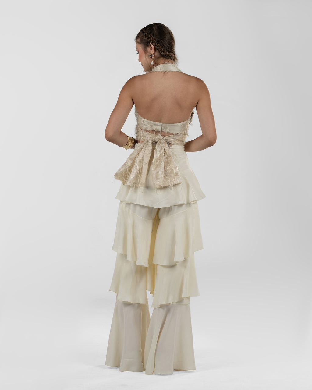 Chic Beige Silk Duchesse Top with Feathers