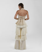 Chic Beige Silk Duchesse Top with Feathers